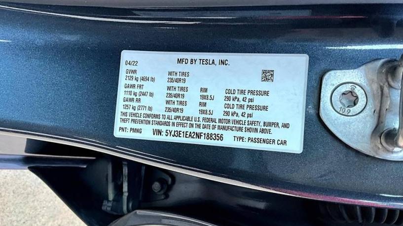 TESLA MODEL 3 2022 5YJ3E1EA2NF188356 image